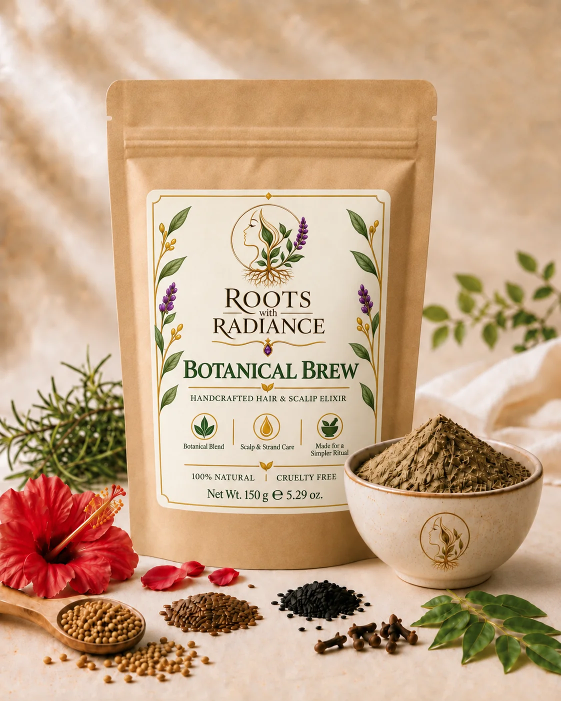 Roots With Radiance Botanical Brew pouch beside a bowl of the herbal powder, with botanicals arranged around it