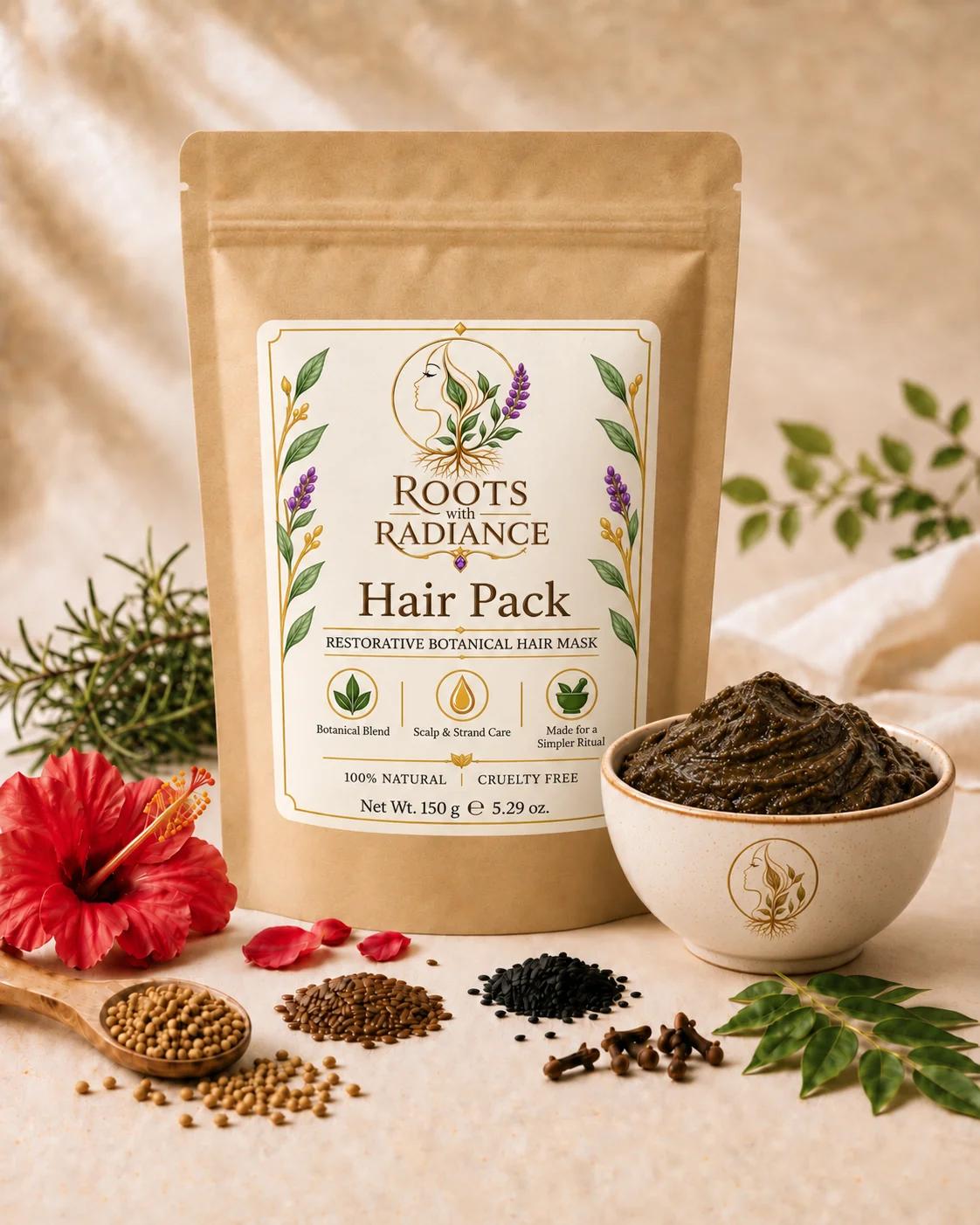 Roots With Radiance Hair Pack pouch beside a bowl of the herbal paste, with botanicals arranged around it