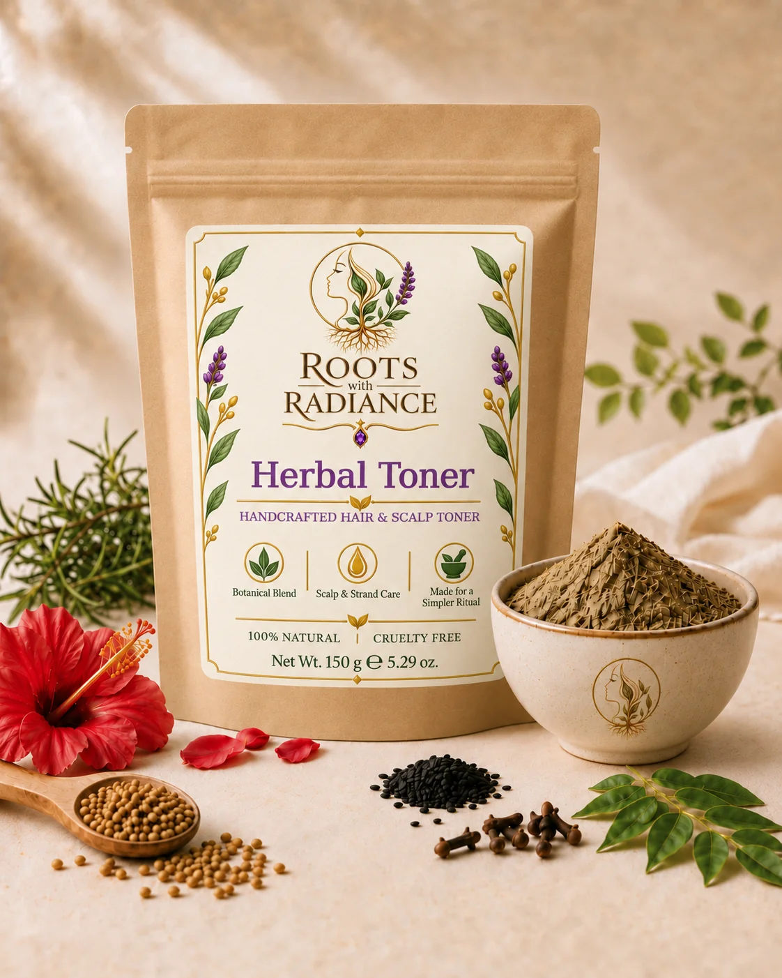 Roots With Radiance Herbal Toner pouch beside a bowl of the herbal powder, with botanicals arranged around it