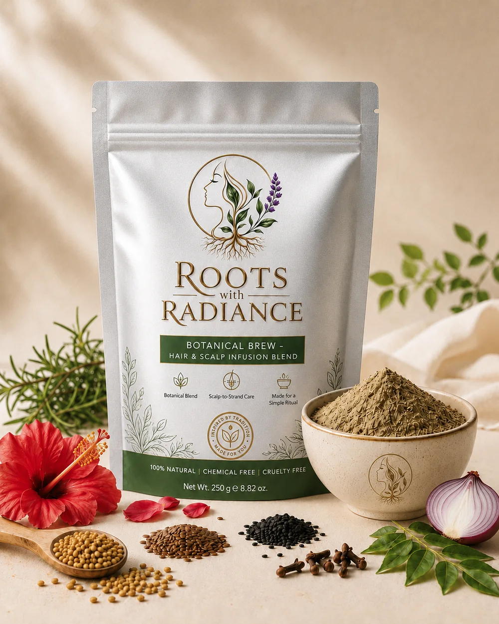 Roots With Radiance pouch beside a bowl of the herbal powder, surrounded by hibiscus, rosemary, methi, kalonji, cloves, curry leaves and onion