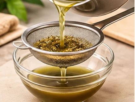Straining the decoction through a sieve into a bowl